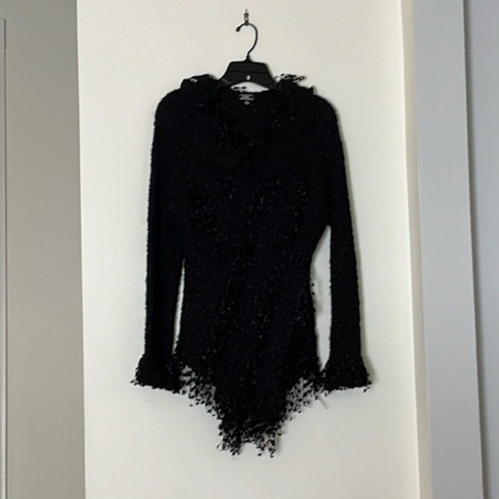 🖤✨Vintage 90s Black Textured Gothic Knit Sweater | Dramatic Ruffle Collar